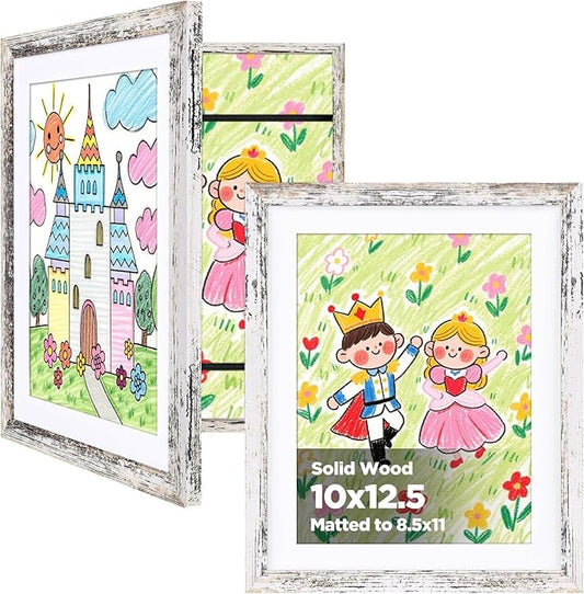 KINLINK 10x12.5 Kids Art Frame Set of 2, Solid Wood Kids Artwork Frames Changeable with Front Opening Hold 150 Pictures, Art Frames for Kids Art with Mat，without Mat 10x12.5 Picture Frame Rustic White