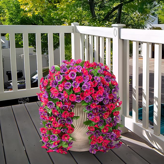 INXUGAO Artificial Fake Hanging Flowers Plants for Outdoor Spring Summer Decoration, 2PCS Faux Silk Morning Glory Long Vines Stems UV Resistant Look Real for Outside Home Porch Patio, Hot Pink Purple