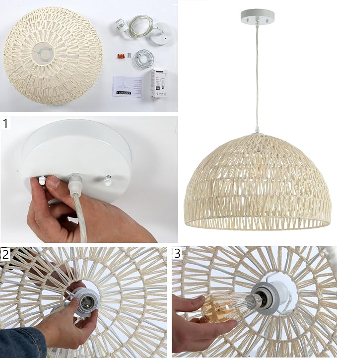 JONATHAN Y 8.25" Black Modern Bohemian Woven Rope LED Pendant Light Fixture, Adjustable Dome Ceiling Lamp for Kitchen Island, Rope Shade, Coastal Farmhouse Decor (JYL6512B)