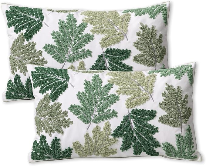 Set of 2 Embroidered Decorative Throw Pillow Covers Couch Square Pillowcases Cushion for Bedroom Sofa Farmhouse Decor 18x18 Inch (Green Maple Leaf-Lumbar)
