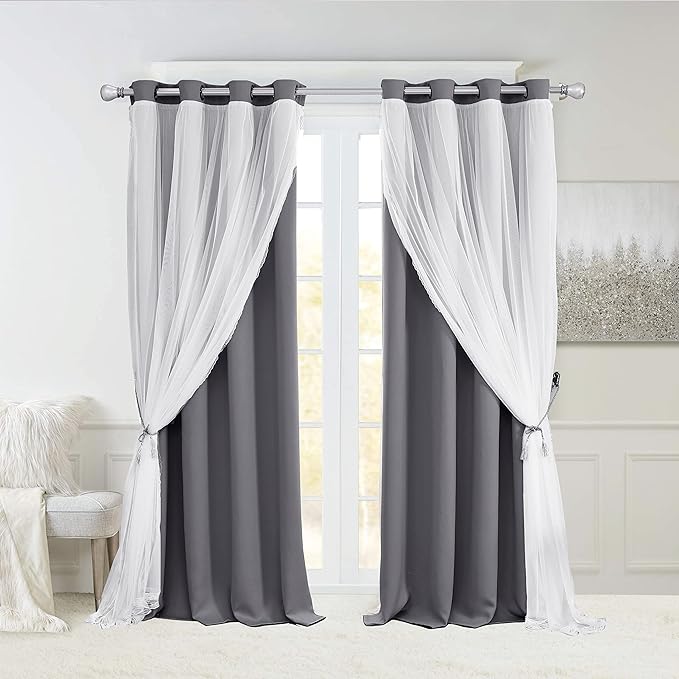Dark Grey Blackout Curtains for Bedroom, Nursery - 84 inch Length Double Layers and Sheer with Lace Hem Luxury Window Curtain & Drapes Panels for Living Room with Extra Tie-Backs, 2 PCs