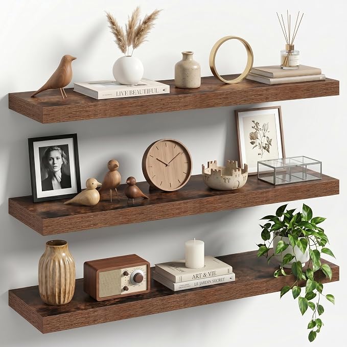 30" Floating Shelves for Wall, Set of 3, 8" Deep, 1.5" Thick, Brown | Rustic Wood Wall Shelves with Invisible Brackets, Storage and Display for Bathroom, Bedroom, Living Room or Kitchen