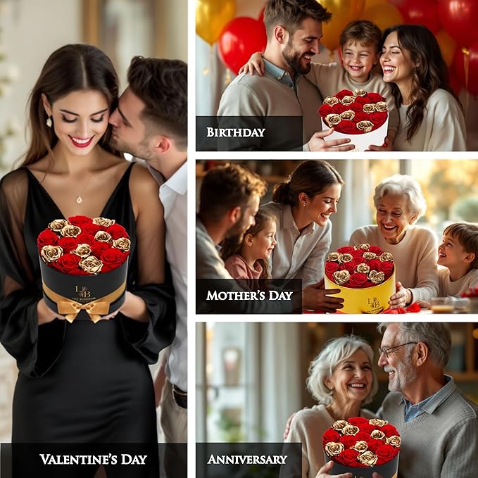 17 Forever Roses in a Box - Luxury Red & Gold Roses, Gold Roses, Preserved Roses Gifts for Women, Forever Flowers Gifts for Wife, Roses for Delivery Prime (Gold Box)