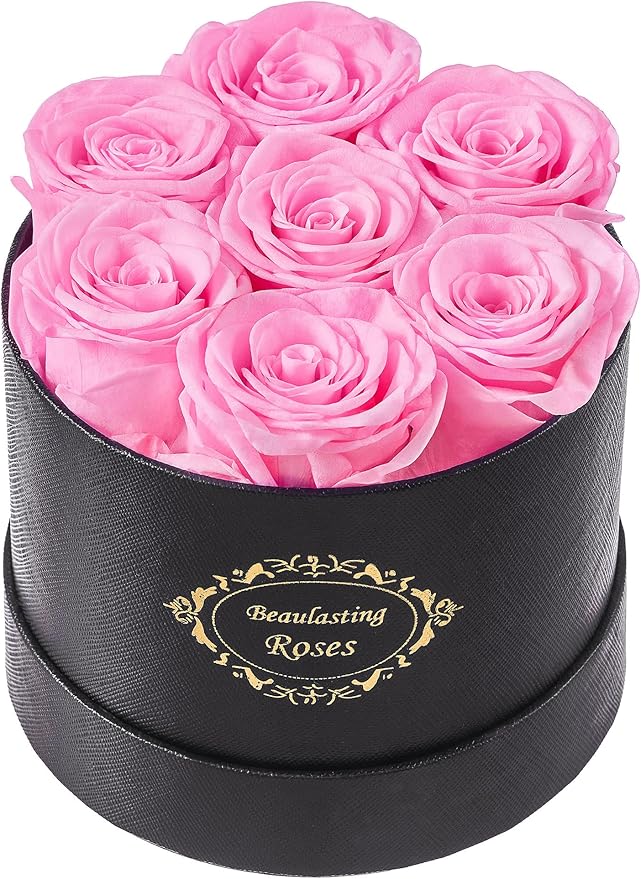 Beaulasting Long Lasting Preserved Roses in a Box Last a Year Forever Flowers for Her Mom Wife Anniversary Birthday (Round Black Box, Light Pink)