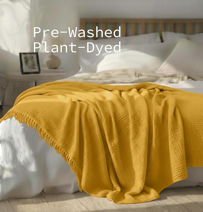 KyraHome 100% Organic Cotton Throw Blankets, 50"x60" Pre-Washed Plant Dyed, Breathable, Lightweight Summer Muslin Blankets, Adults, Couch, Picnic, All Season, Mustard Yellow