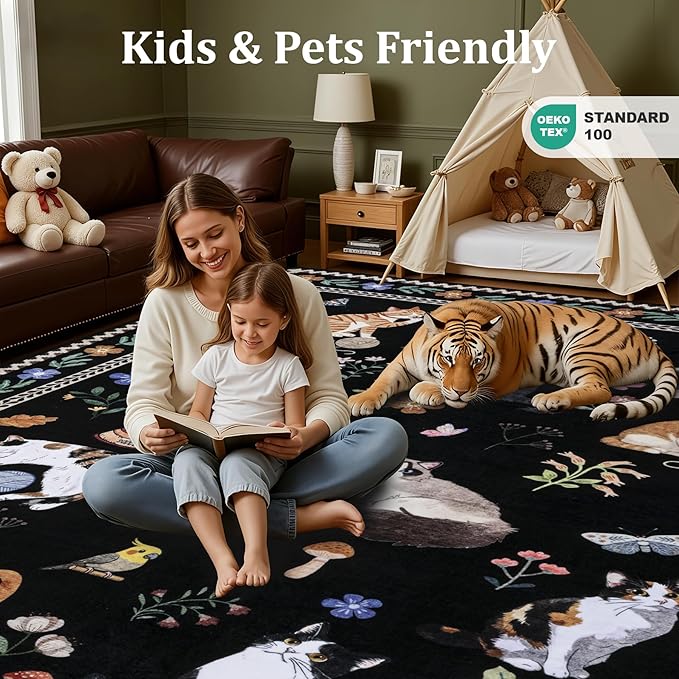 9x12 Area Rugs Living Room Rug: Vintage Washable Rug Floral Soft Carpet Indoor Floor Non-Slip Boho Stain Resistant Large Carpets for Bedroom Kids Nursery Dining Room Farmhouse Home Office Black/C01