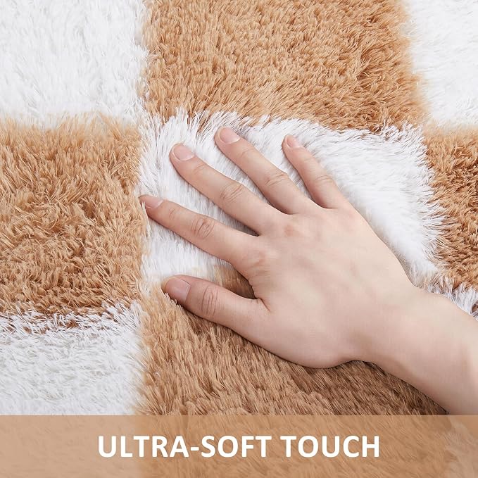 Ophanie Checkered Beige & White Rug for Living Room Bedroom,Fluffy Soft Cute Fuzzy Area Rugs,Shag Plush Shaggy Bedside Floor 4x6 Furry Carpet Kids Baby Teen Dorm Decor with Over 99 pcs Pile fibers