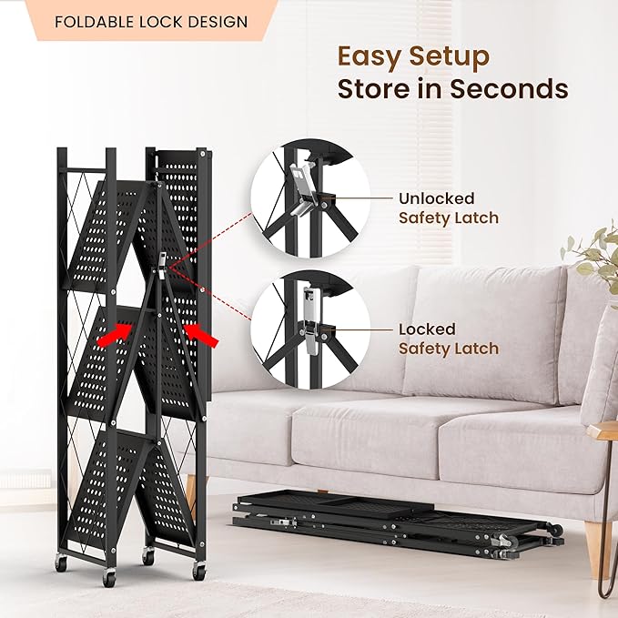 Our Modern Space 4-Tier Foldable Storage Shelf with Wheels | Metal Rack Collapsible Shelving Display | Rolling Cart for Books Kitchen Storage Shelves | Pantry & Closet Organizer | Office Room Decor