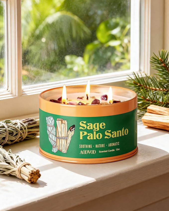 AOOVOO 2 Pack Sage & Palo Santo Candles for Cleansing - 3 Wick 12oz Large Scented Candle with Amethyst Crystals, Sage & Palo Santo Inside, Non-Toxic Soy Candles for Meditation Spiritual Healing Gift