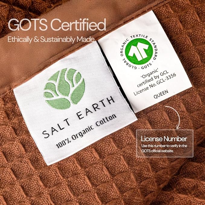 Salt Earth GOTS Certified 100% Organic Cotton Waffle Throw Blanket, 60"x80", Boho Style, Potting Soil Color