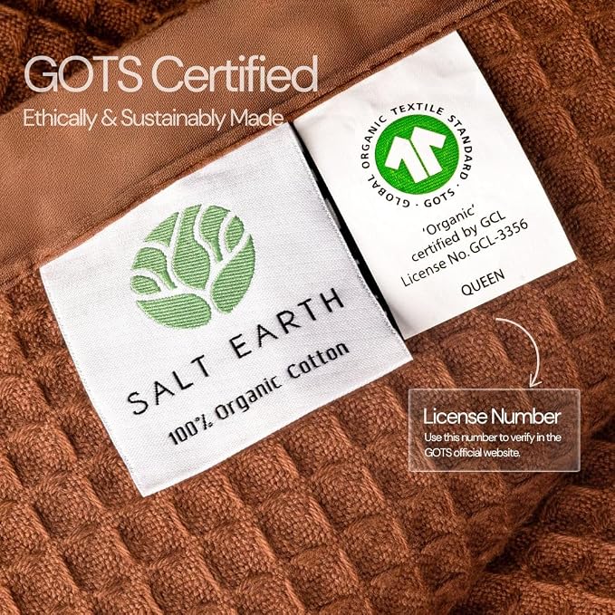 Salt Earth GOTS Certified 100% Organic Cotton Throw Blanket, 108"x90" Waffle Blankets & Throws for Bed, Throw Blanket for Couch, Cozy Christmas Blankets and Throws for Christmas Gifts (Potting Soil)