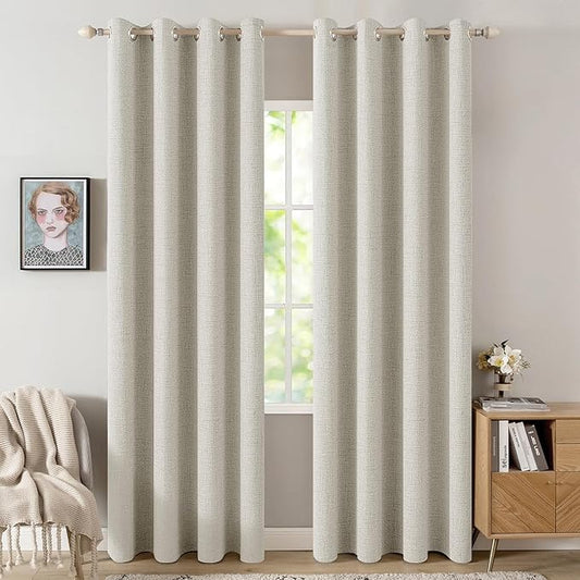 MIULEE Linen Texture Curtains for Bedroom Light Cream 100% Blackout Thermal Insulated Linen Curtains Grommet Room Darkening Drapes for Living Room Nursery 52x84 Inch (2 Panels)