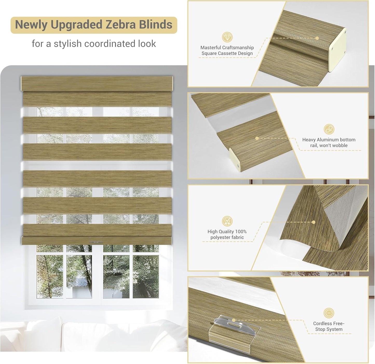 Cordless Zebra Blinds for Windows, Blackout Interior Blinds,Easy to Install,UV Protection,for Offices and Home,Custom Roller Shades, Mousse Light Bown,56" W x 80" H