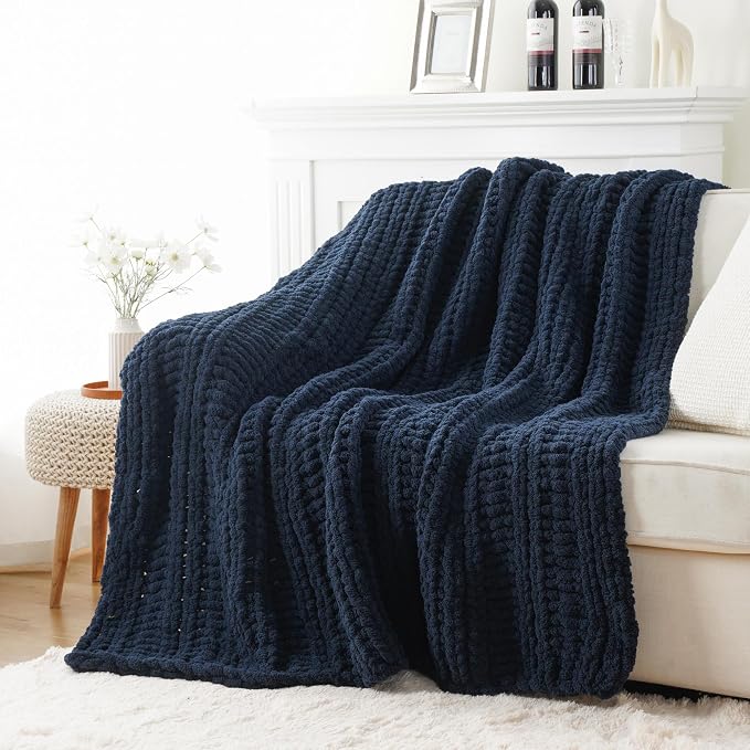 Battilo Chunky Knit Throw Blanket for Couch, 50"x60", Navy Blue | Hand Knit, Gift Blanket, Cozy Warm Thick Soft Chenille Throw Blanket for Bed, Sofa, Chair, Living Room