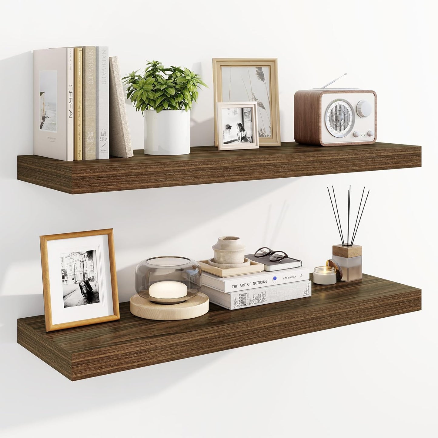 Marsmiles 31.5" Floating Shelves for Wall, Wooden Shelves with Invisible Brackets Set of 2, Rustic Farmhouse Wall Mounted Shelf for Kitchen Bathroom Living Room Study, Walnut