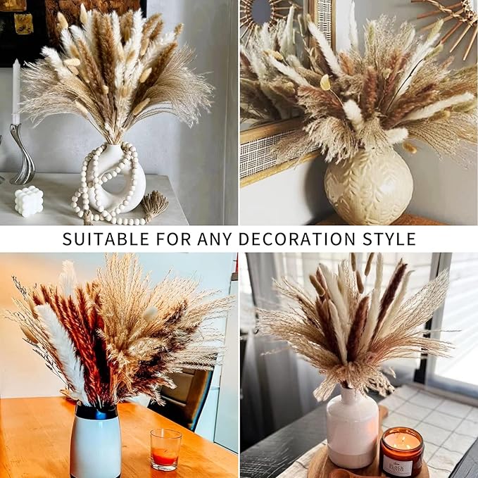 Wertuirk 135Pcs Dried Pampas Grass Decor, Boho Home Decor, Mini Bunny Tails Dried Flowers, Fluffy Pompous Grass Bouquet Bulk for Wedding, Table, Rustic Party, Baby Shower Decorations