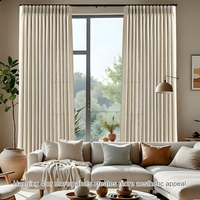 90 Inch Curtains Pinch Pleated Linen Curtain for Living Room, Light Filtering Pleat Drapes Textured Thick Taupe Semi-Sheer Curtains with Hooks for Bedroom Farmhouse, 2 Panels, 40x90, Burlywood Birch