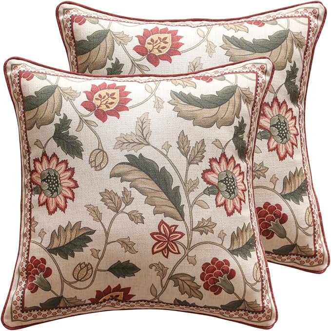 ISAENNE Designer Linen Square Throw Pillow Cover,Set of 2,18"x18"-Ratina A | Vintage French Elegant Pillow Cover,Concealed Zipper Design,Floral Pattern,Sofa,Bedroom,Living Room,Lounge Chairs