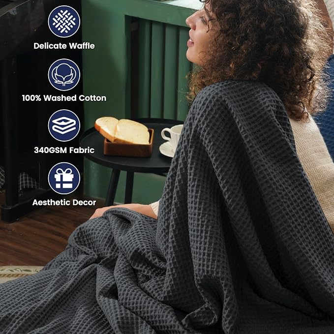 PHF 100% Cotton Waffle Weave Throw Blanket 50" x 60" - Lightweight Washed Soft Breathable for Adults and Kids - Perfect Layer for Couch Bed Sofa - Elegant Home Decoration Gift - Black