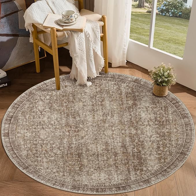 Sasttie Round Rugs 6ft, Ultra-Soft Washable Circle Rug, Low Pile Foldable Thin rugs with Non-Slip Backing, Skin-Friendly Stain Resistant Carpet for Living Room, Bedroom, Kitchen, Dorm, 6ft, Dark Brown