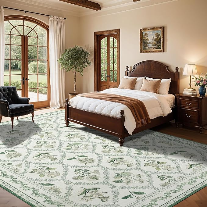 LIANLAM Checkered Rug 8x10 Area Rugs for Living Room - Stain Resistant & Non-Slip Backing Vintage Boho Floral Design Rug for Bedroom,Durable & Ultra-Thin Large Washable Area Rug(8x10,Green)