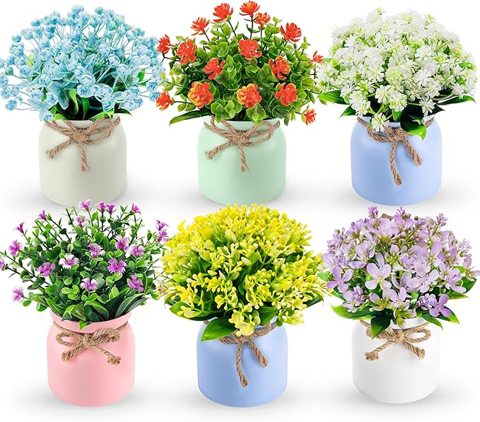 Der Rose 6 Pack Fake Plants Flowers Small Artificial Faux Plants in Plastic Macaron Pot for Home Bathroom Office Desk Accessories Wedding Decor Indoor