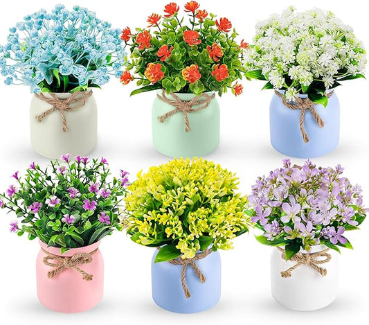 Der Rose 6 Pack Fake Plants Flowers Small Artificial Faux Plants in Plastic Macaron Pot for Home Bathroom Office Desk Accessories Wedding Decor Indoor