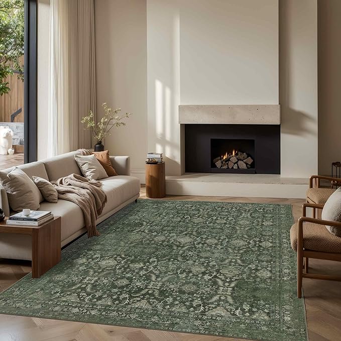 Rugxara 6x9 Area Rugs for Living Room Bedroom, Large Washable Rug, Green Vintage Floral Boho Style, Non Slip & Low Pile Carpet for Indoor Dining Room, Dorm and Kids Room(Green 6x9ft)