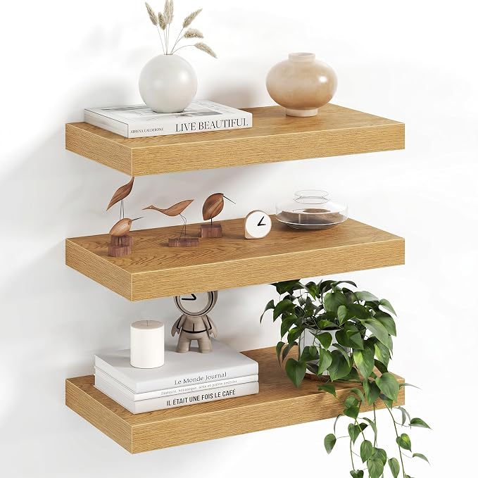Fun Memories 16Inch Floating Shelves for Wall, 8 Inch Deep Shelves for Bathroom|Bedroom|Kitchen Wall Mounted, Wood Hanging Shelf with Invisible Brackets for Home Storage Decor, Oak - 3 Pack