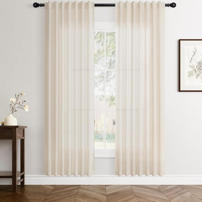 Jowels Cream Linen Curtains 80 Inch Long 2 Panels for Living Room | Beige Flax Light Filtering Sheer Curtain,Back Tab Pocket Pleated Look,Farmhouse Textured Privacy Drapes for Bedroom Window