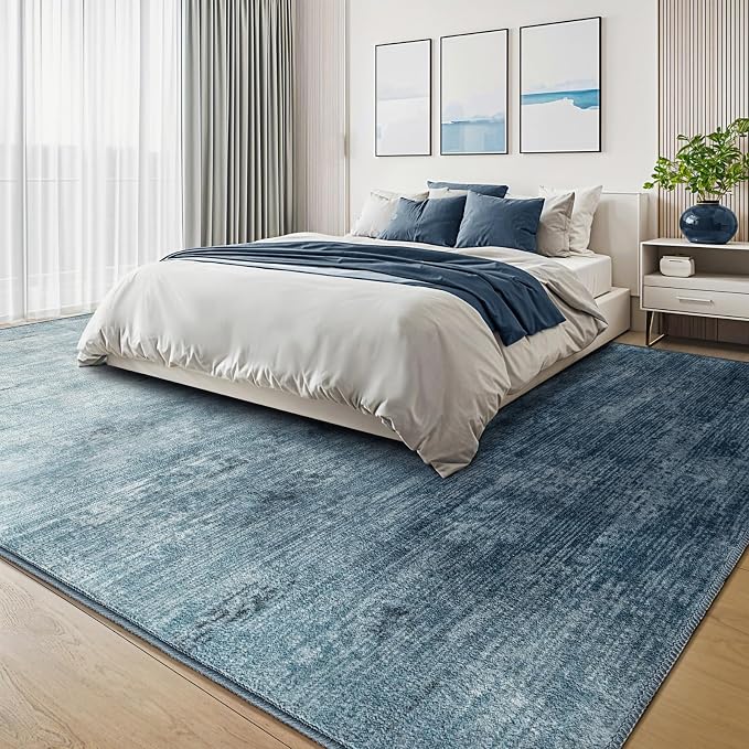 10x14 Washable Area Rug, Blue Solid Area Rugs for Living Room & Bedroom | Stain-resistant & Non-slip backing,Low Pile Washable Large Carpet, Solid Vintage Style For High Traffic Areas(10x14,Blue)