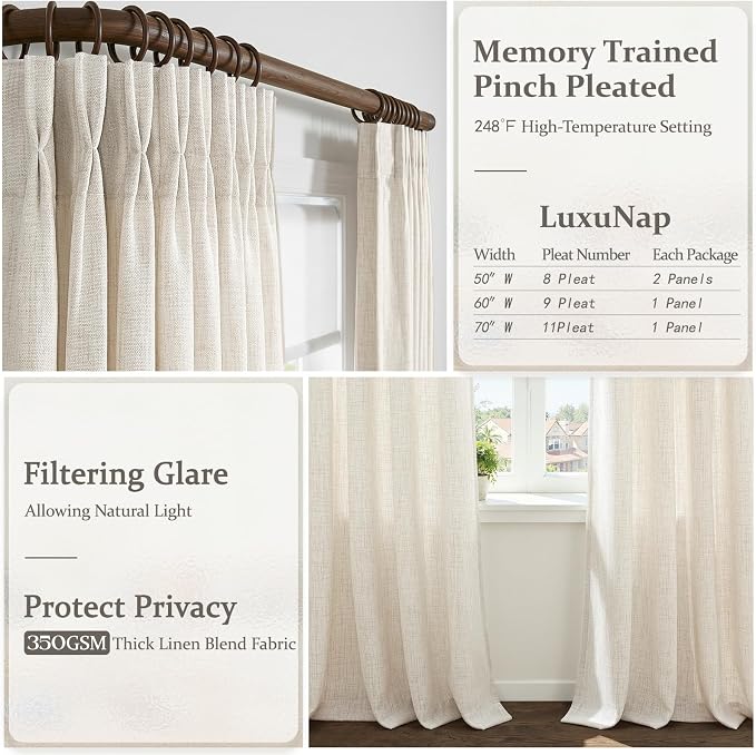 Extra Long 108 Inch Curtains 60 Inch Wide for Bedroom Large Windows, Memory Shape Pinch Pleated Boho Light Filtering Semi Sheer Linen Blend Curtain & Drape 1 Panel Office 9FT Length Cream Burg