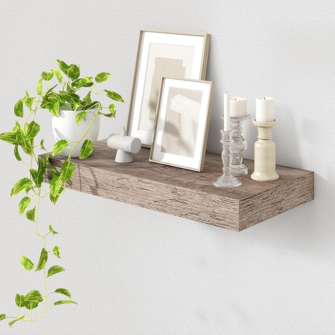 FLYJOE 24'' Grey Floating Shelves, 12 Inch Deep Shelves for Wall Set of 1 | 24'' x 12'' Rustic Grey Wood Shelves for Framhouse Living Room Bathroom Kitchen Laundry Room