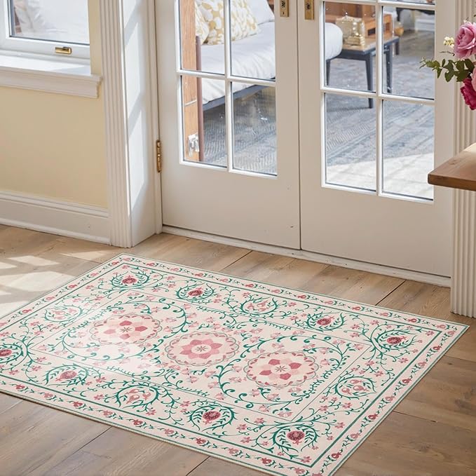 Rugxara Pink Door Mat Floral Entryway Rug, Washable Samll 2x3 Rugs, Boho Front Door Mat, Non Slip Low Pile Throw Carpet for Indoor Entrance,Bathroom,Girls Room and Kitchen(Pink/Green 2x3ft)