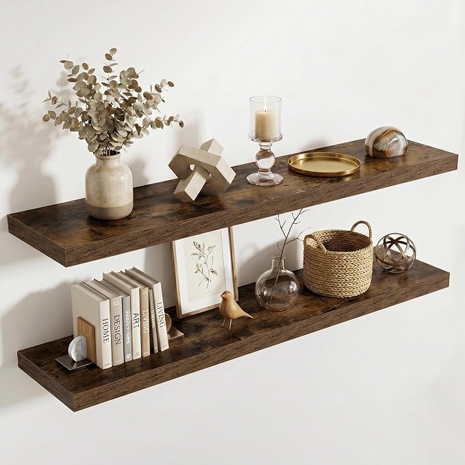 Acovy 10" Extra Deep Floating Shelves for Wall, 48" Long Wood Wall Shelves Set of 2 for Bathroom Bedroom Kitchen Living Room Laundry Room, Modern Floating Shelf for Home Decor