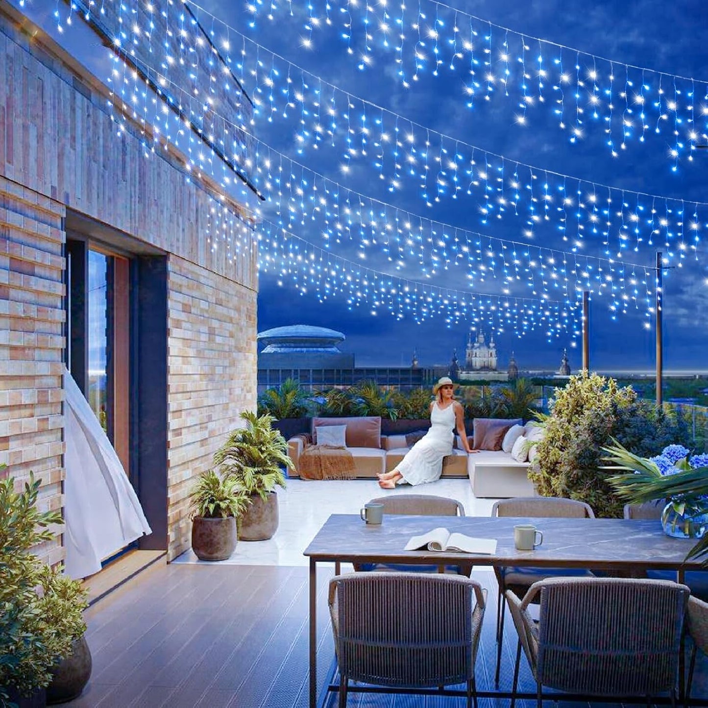 33ft Icicle Lights for Outside, Blue and White Christmas Lights Outdoor Indoor, 400 LED Twinkle String Light with 75 Drops Short Curtain Light for Thanksgiving Room Home Wall Bedroom Window Decoration