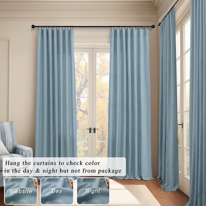 Blue Curtains 108 Inches Long For Living Room Dining 2 Panels Set Back Tab Pocket Farmhouse Linen Semi Sheer Blue Light Filtering Curtains for Bedroom Patio High Ceiling Balcony 9 FT Tall Stone Blue