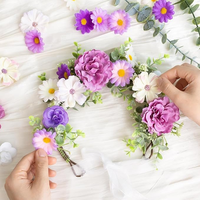 ATTGREAT 310 Pcs Fake Flower Heads Mini Artificial Flower Bulk Silk Flowers for Decoration Small Faux Flower Heads Fabric Daisy Buds Floral for Crafts DIY Wedding Party Baby Shower Home Decor, Purple
