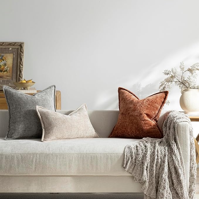 DEZENE Pack of 2 Burnt Orange Fall Decorative Throw Pillow Covers 24x24 Cozy Soft Chenille Accent Vintage Square Couch Pillow Covers for Home Decor Bed Sofa Living Room