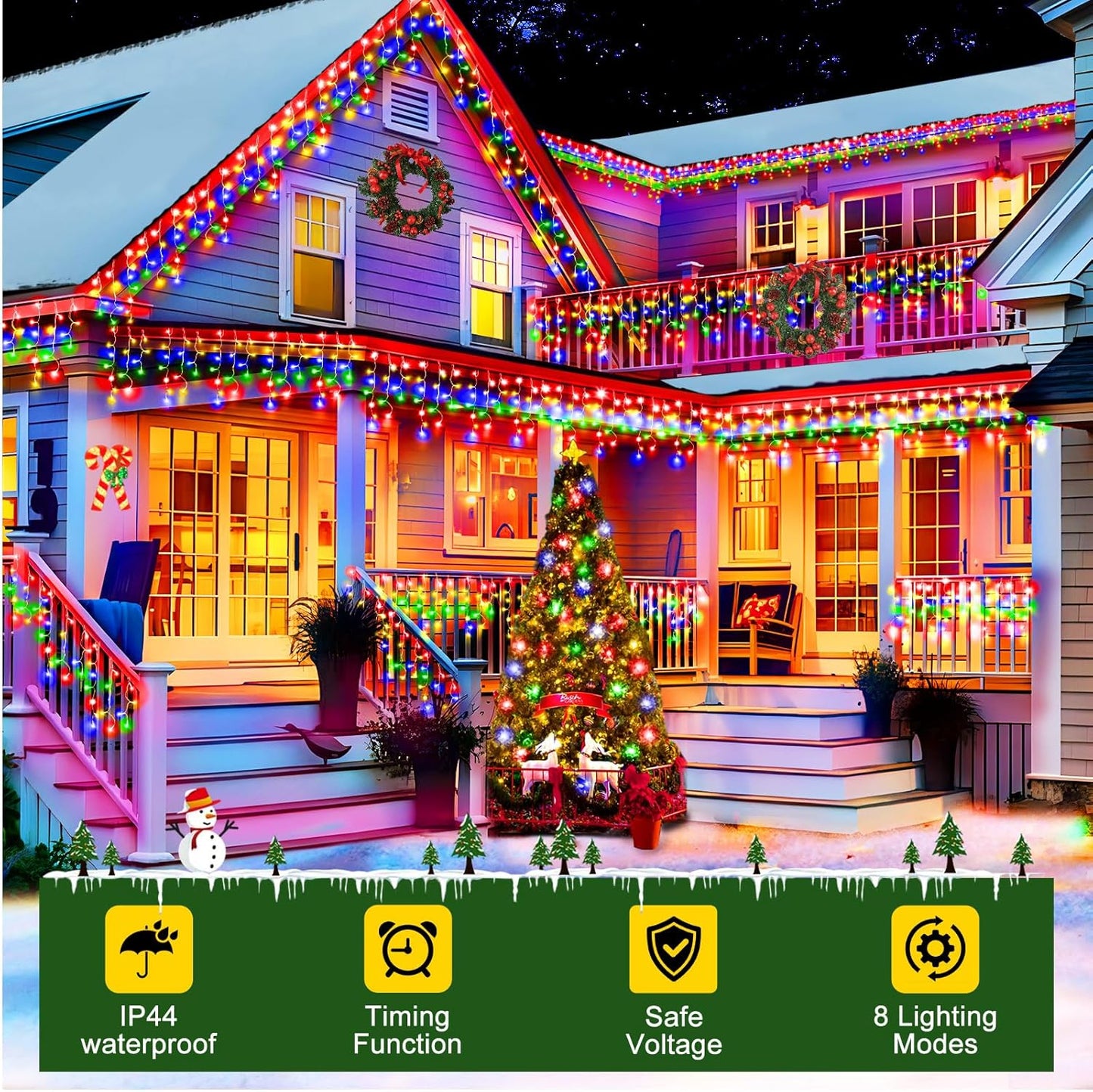 KNONEW 99ft 960 LED Christmas Lights Outdoor Decorations with 180 Drops, 8 Modes Curtain Fairy Light, Clear Wire LED String Light Indoor Decor for Wedding Party Christmas(Multicolor)