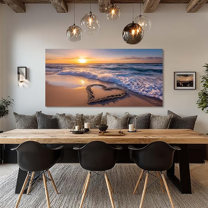 Ggaafet Romantic Love Beach Wall Art for Living Room Canvas Painting Prints Romance Sunset Brown Sandbeach Art Deco Modern Artwork Office Bedroom Family Room Decor Extra Large