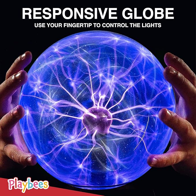Playbees Blue Plasma Ball - 7 Inch - Tesla Coil Bulb Static Electricity in a Vacuum Pressurized Glass Globe, Nebula, Thunder Lightning, Plug-in - for Parties, Decorations, Prop, STEM