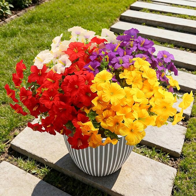 Artificial Flowers for Outdoors Fake Plants Outside, 16 Bundles Silk Morning Glory with Eucalyptus, UV Resistant Realistic Faux Flowers for Planters Porch Patio Garden Balcony Decor (4 Color)