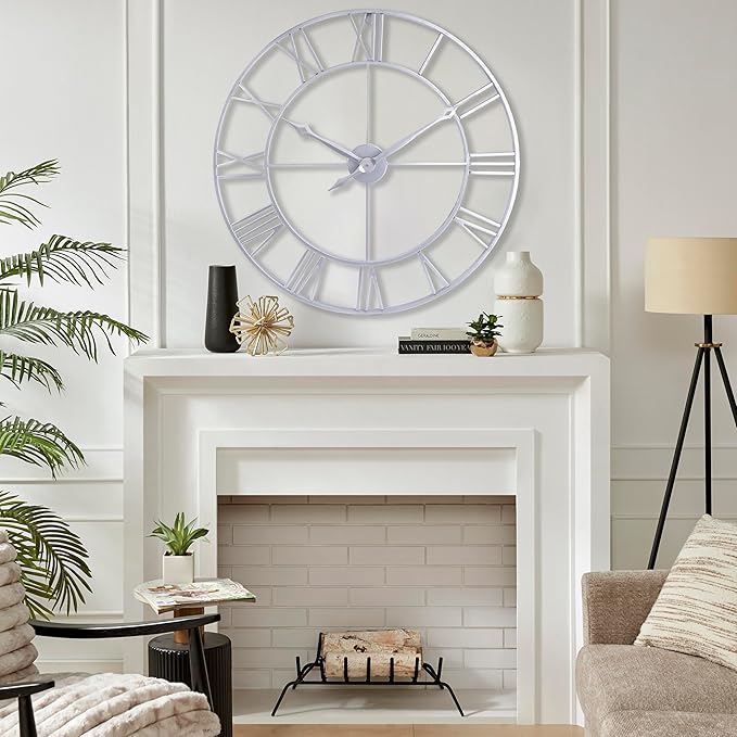 CLXEAST Large Modern 30 Inch Wall Clock Silver, Oversized Big Roman Numeral Metal Wall Clocks for Living Room Decor, Home Office,Dinning Room