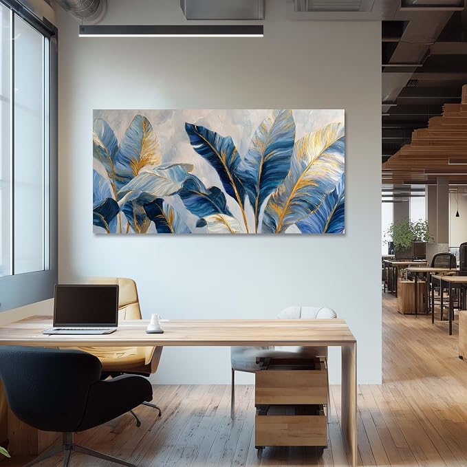 Ggaafet Navy Blue Leaves Wall Art for Living Room Canvas Painting Prints Botanical Boho Abstract Gold Leaf Art Deco Modern Artwork Office Bedroom Family Dining Room Decor Large