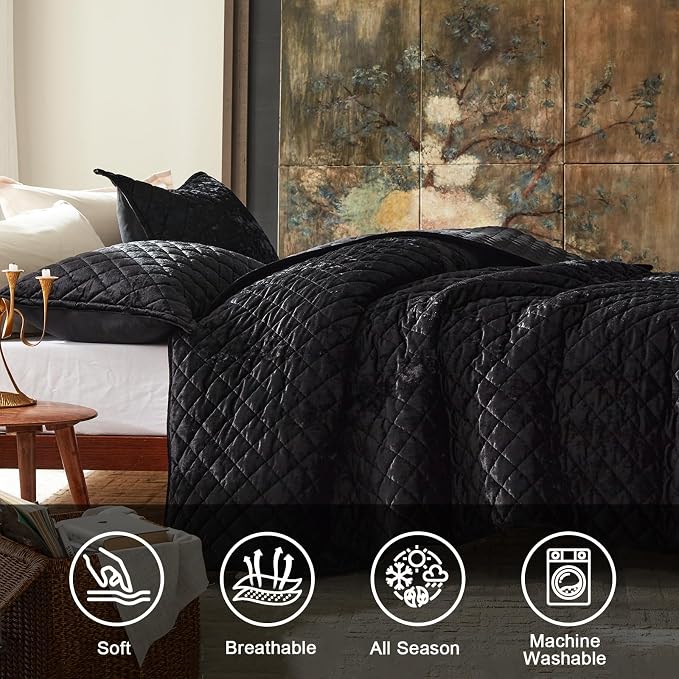 Cosybay Luxury Velvet Quilt Set Queen, Lightweight Oversized Bedspread Coverlet Quilted Box Stitch Bedding Set, with 2 Matching Pillow Shams, for All Season, Black