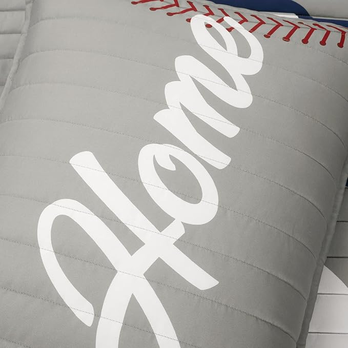 Lush Decor Baseball Game Reversible Quilt Twin Size 4 Piece Set Gray & Navy - Toddler Bedding Set Twin Quilt - Sports Bedroom Decor - Baseball Bedding