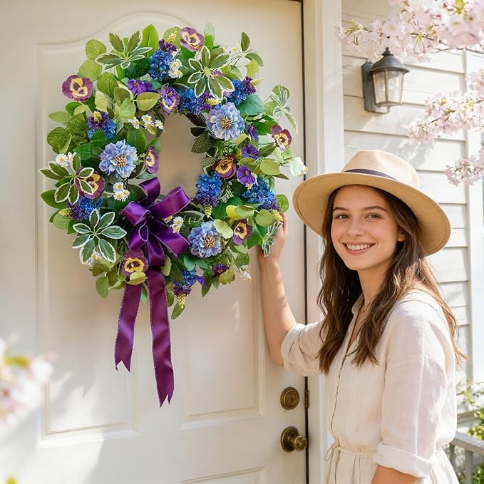 Spring Summer Wreaths for Front Door 24 Inch, Outdoor Summer Wreath with Pansy, Hydrangea & Floral Accents, Spring Wreath for Front Door Outside, Summer Wreaths Front Door for Home Decor