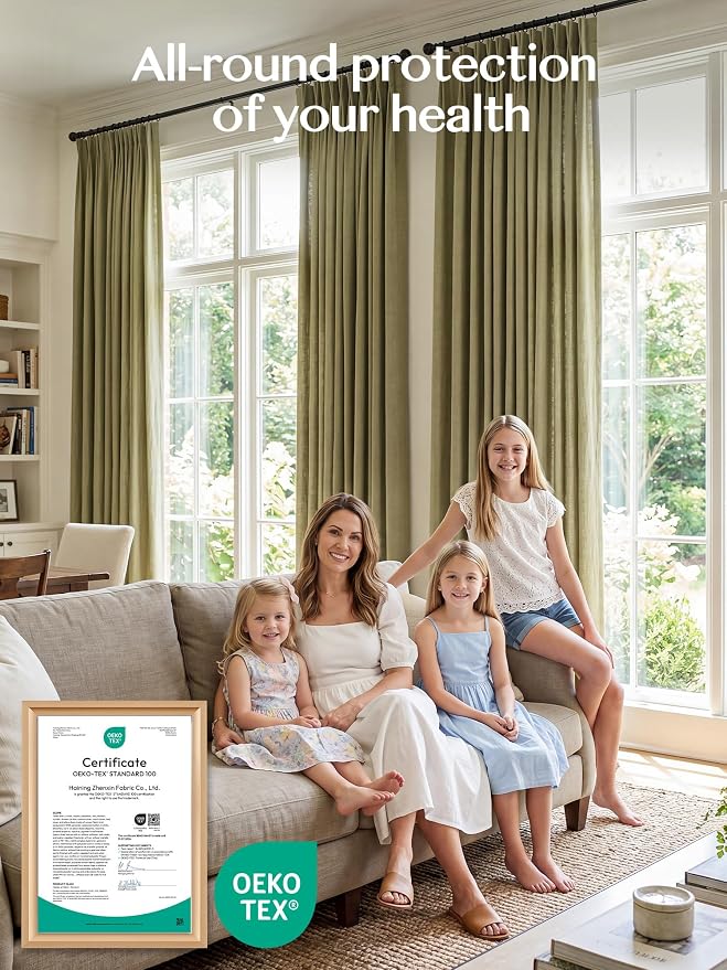 Liz Pinch Pleated Linen Curtains Light Filtering Curtains for Living Room, Farmhouse Window Curtains for Bedroom, Modern Drapes with Hooks and Rings, 108 Inches Long, Olive Green, 2 Panels Set