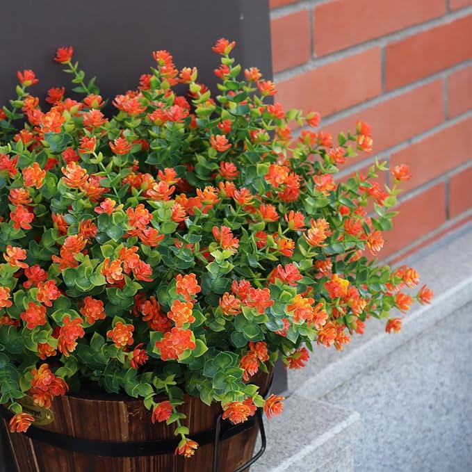 Artificial Flowers for Outdoors, 12 Bundles UV Resistant Realistic Faux Plants for Outside Porch Planter, Spring Summer Home Garden Decoration, Orange